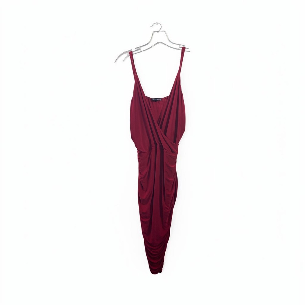 Fashion Nova Womens 1X Burgundy Red Ruched Wrap V-Neck Midi Bodycon Dress